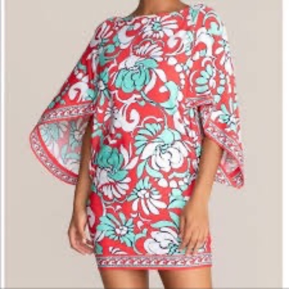 Trina Turk Garden Bloom Floral Swim Cover-Up Tunic Dress Red Poppy Turquoise M - Picture 1 of 6